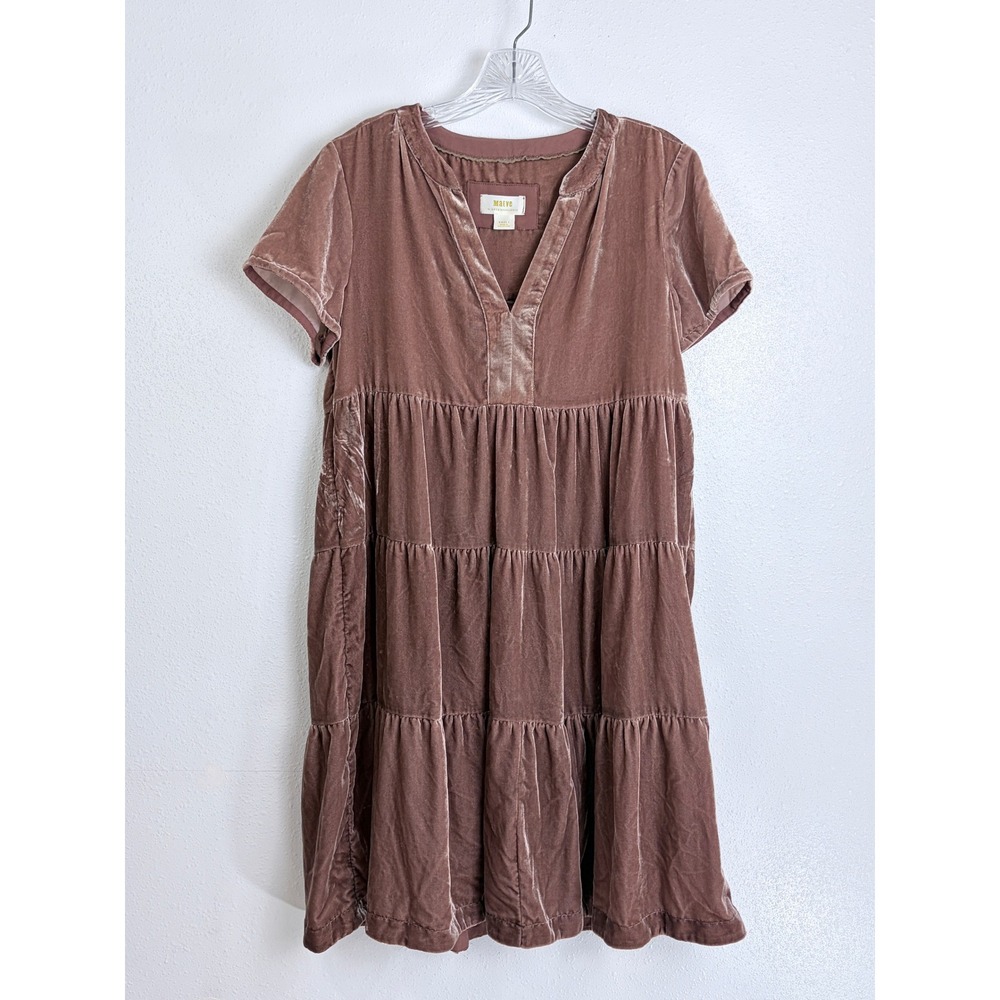 Maeve Anthropologie Velvet Babydoll Dress Mauve Brown Tiered Mini Small